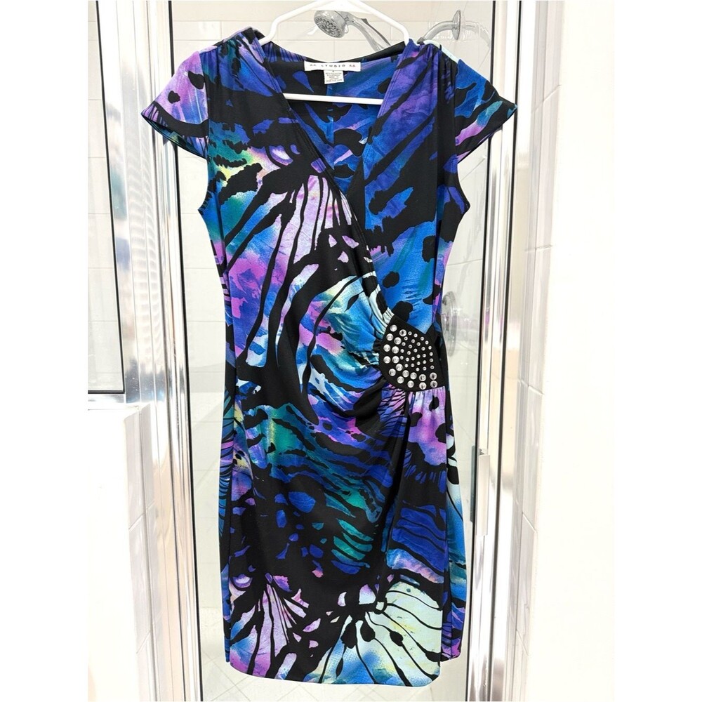 Y2K vintage bold colors, faux wrap dress, black purple size 6